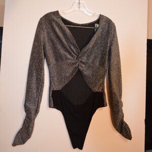 SHEIN Bodysuit Silver-Black Nylon-Lurex-Spandex Opening V-Neck Drape 6-(38)